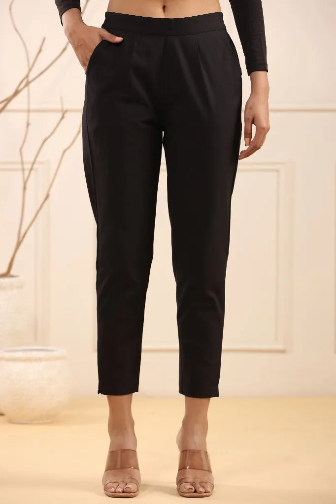 Stylish Black Cotton Pleated Cigarette Trousers