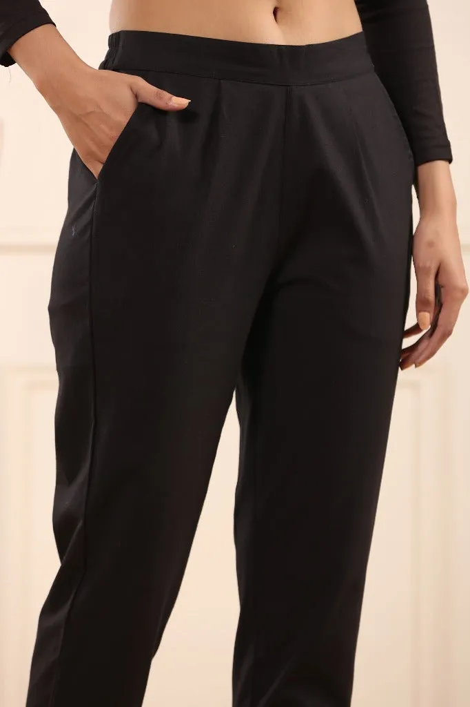 Stylish Black Cotton Pleated Cigarette Trousers