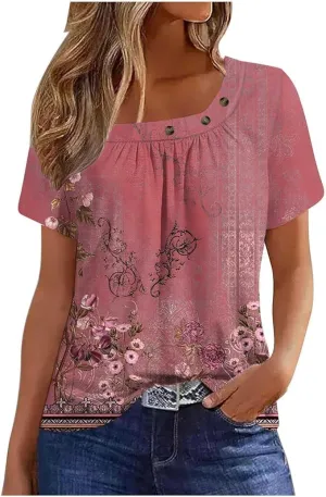 Summer Tops for Women 2025 Trendy Square Neck Blouse Tees Retro Floral Print Short Sleeve Tshirt Dressy Casual Shirts