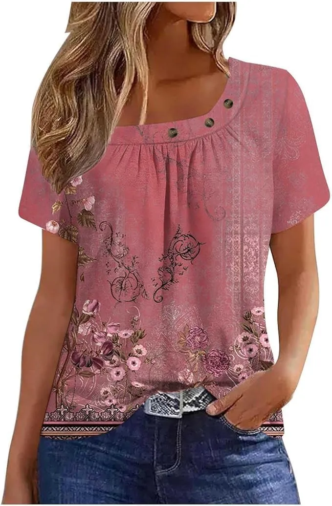 Summer Tops for Women 2025 Trendy Square Neck Blouse Tees Retro Floral Print Short Sleeve Tshirt Dressy Casual Shirts
