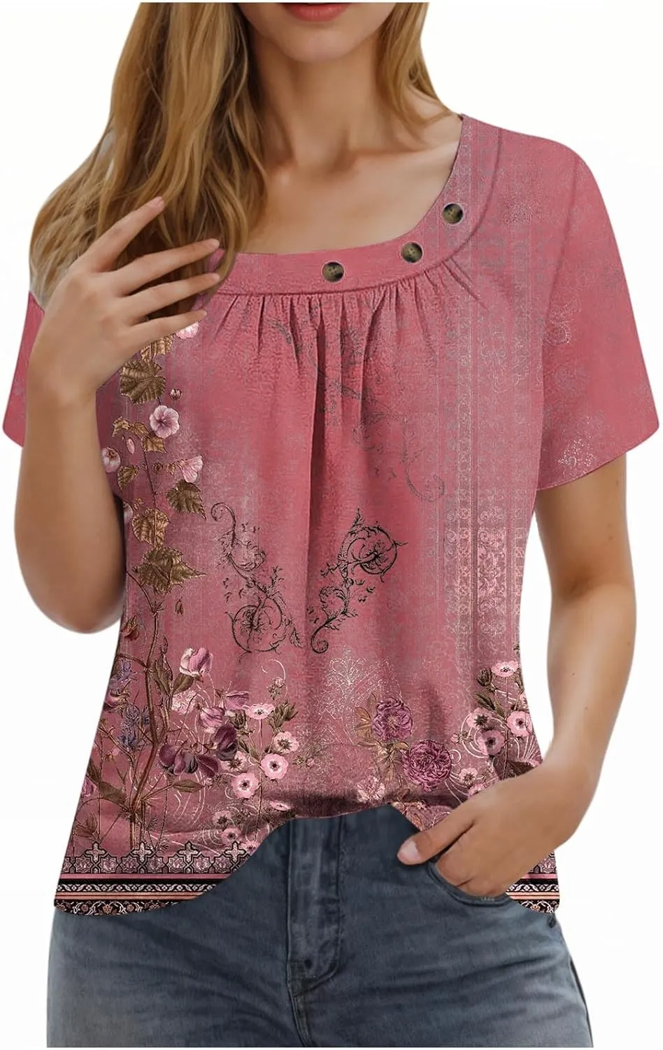 Summer Tops for Women 2025 Trendy Square Neck Blouse Tees Retro Floral Print Short Sleeve Tshirt Dressy Casual Shirts