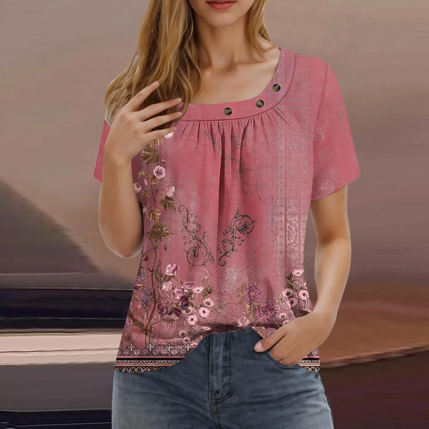 Summer Tops for Women 2025 Trendy Square Neck Blouse Tees Retro Floral Print Short Sleeve Tshirt Dressy Casual Shirts