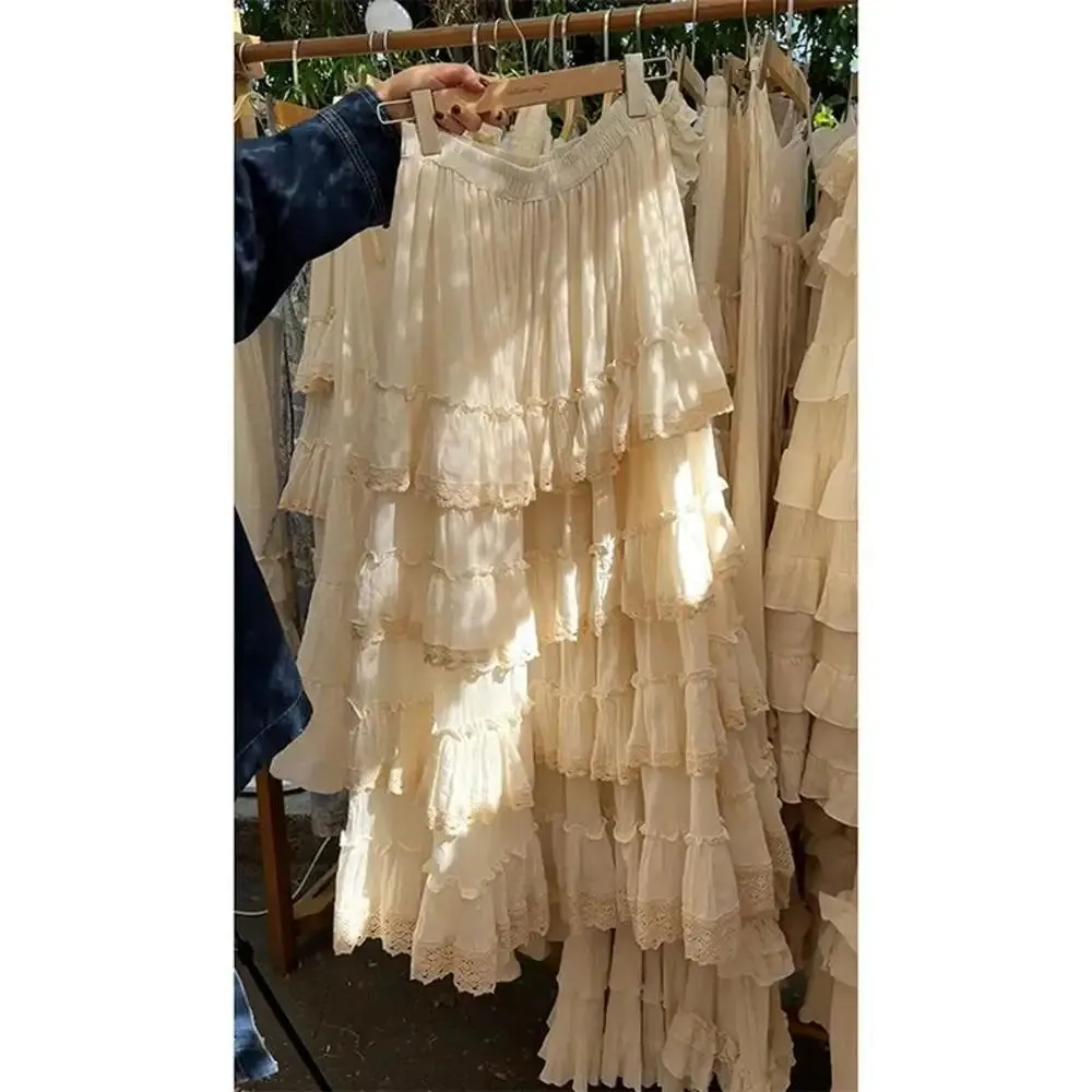 TAVIMART  -  Elegant Vintage Lace Cake Skirt Spring New French High end Fairy Sweet High Waist Loose and Slimming Long Skirts for Women