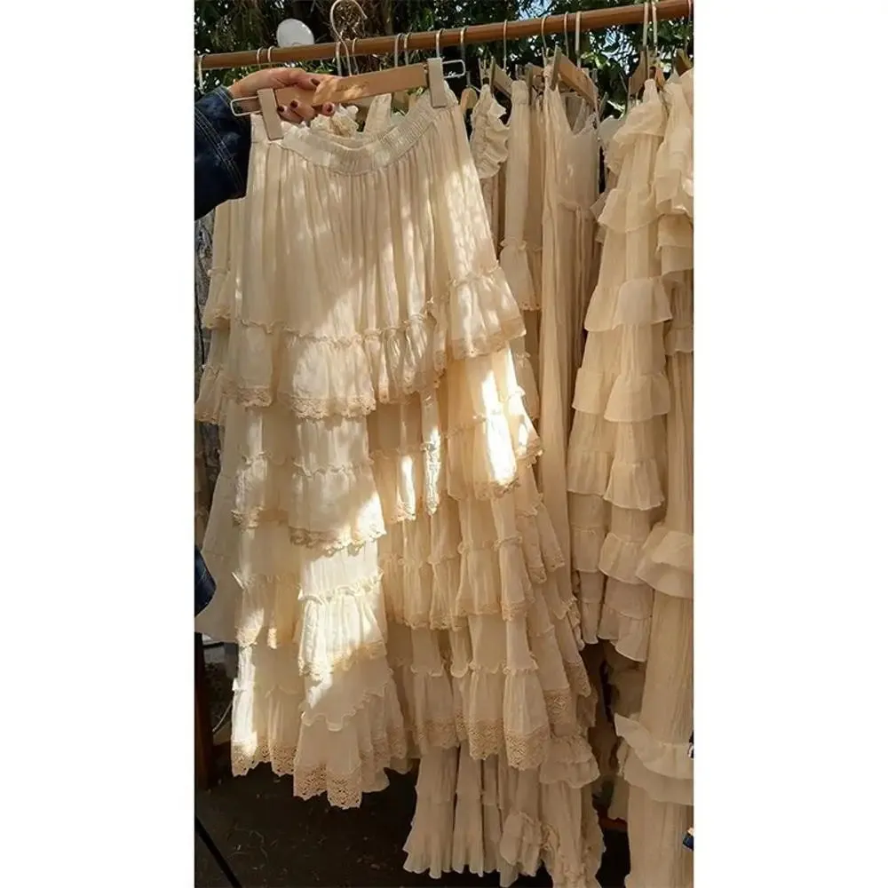 TAVIMART  -  Elegant Vintage Lace Cake Skirt Spring New French High end Fairy Sweet High Waist Loose and Slimming Long Skirts for Women