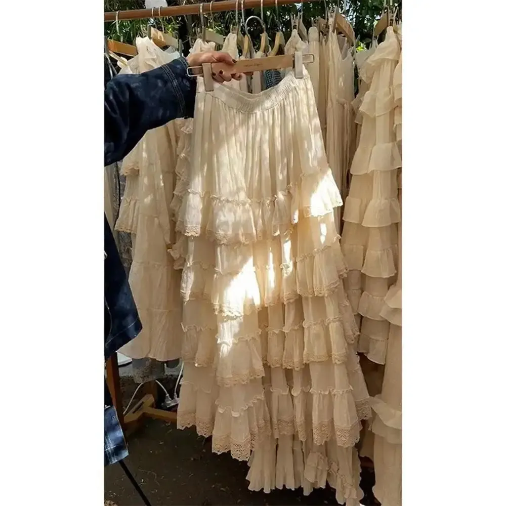TAVIMART  -  Elegant Vintage Lace Cake Skirt Spring New French High end Fairy Sweet High Waist Loose and Slimming Long Skirts for Women
