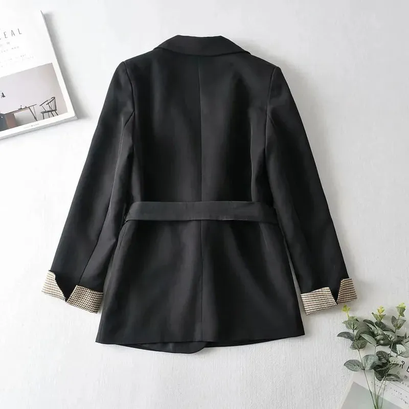 TAVIMART  -  Korean Fashion Black Blazer Suit with Sashes Women Solid Colors Single Breasted Office Blazer 2024 Elegant Casual Commute Coats
