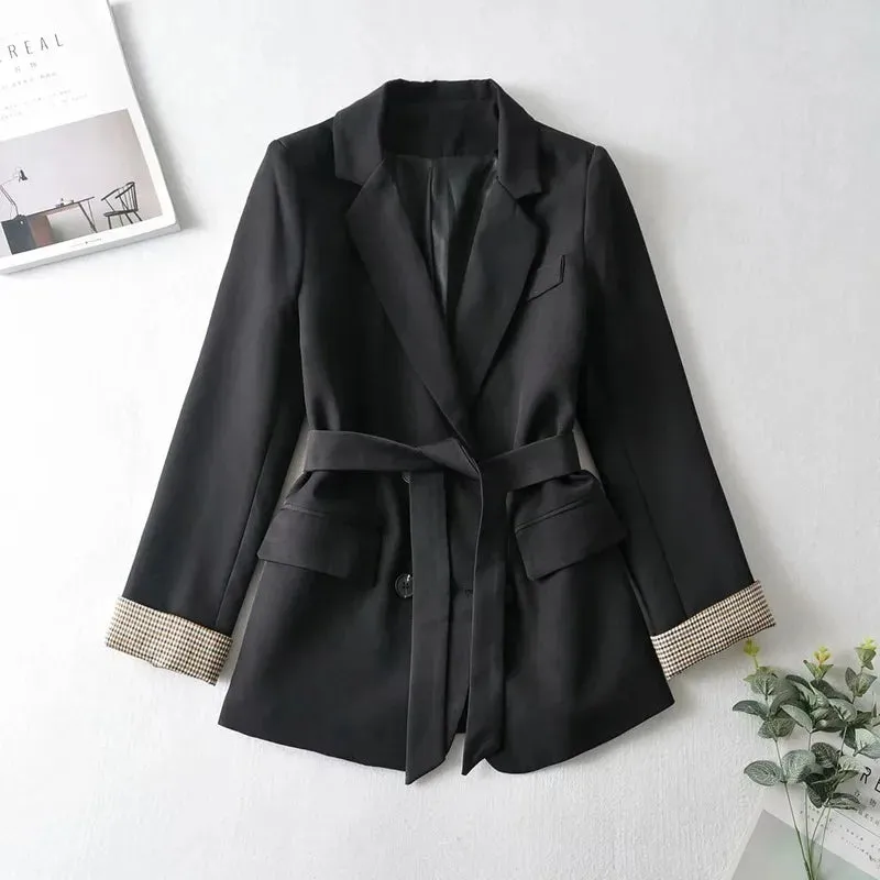 TAVIMART  -  Korean Fashion Black Blazer Suit with Sashes Women Solid Colors Single Breasted Office Blazer 2024 Elegant Casual Commute Coats