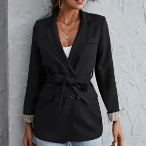 TAVIMART  -  Korean Fashion Black Blazer Suit with Sashes Women Solid Colors Single Breasted Office Blazer 2024 Elegant Casual Commute Coats
