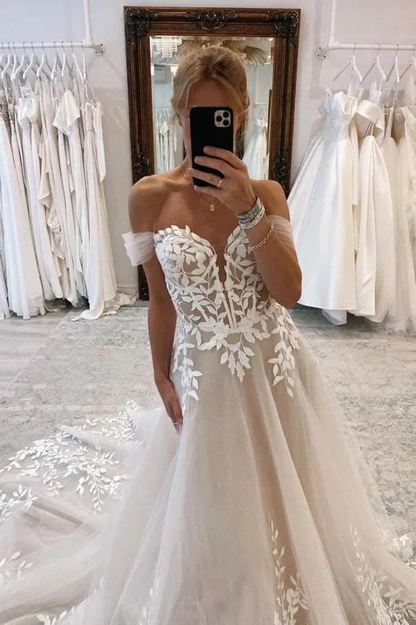 Tulle A-line Off Shoulder Wedding Dress With Lace Appliques, Bridal Gown, SW640