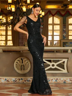 V Neck Sequin Bead Chain Mermaid Prom Dress M02194