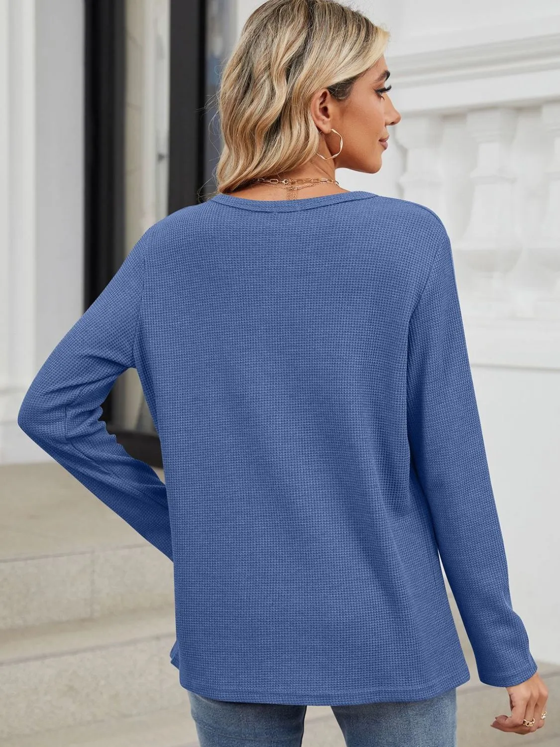 Waffle-Knit Notched Long Sleeve T-Shirt