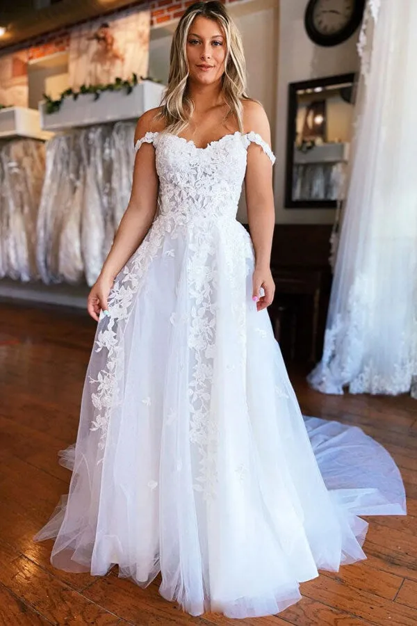 White Tulle A-line Off-the-Shoulder Lace Appliques Wedding Dresses, SW586
