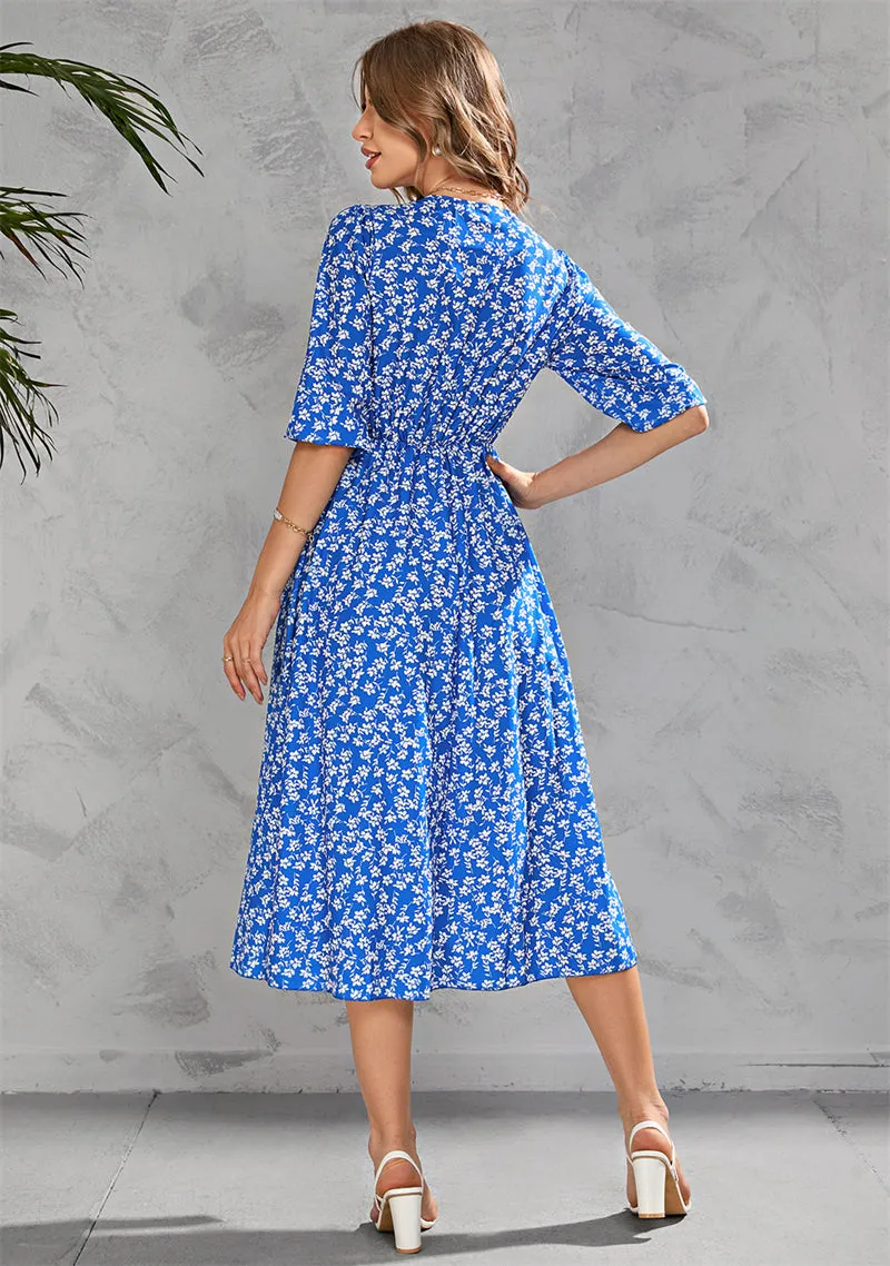 Women Floral Print V-Neck Waist-Up Half Sleeve Dress 107990