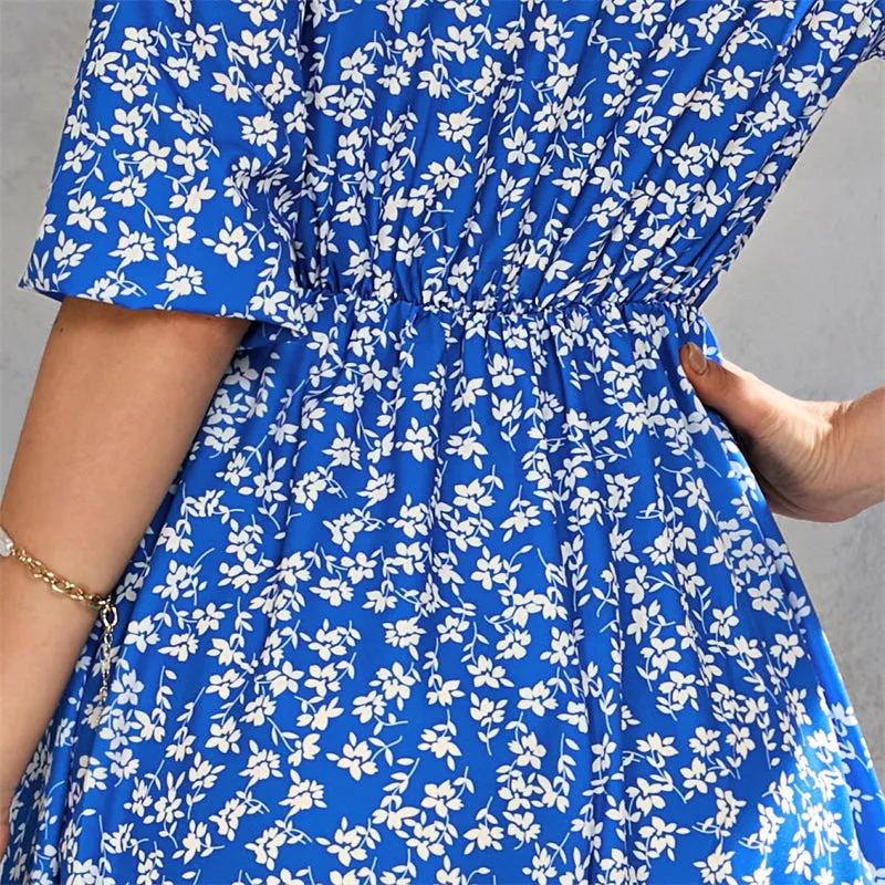 Women Floral Print V-Neck Waist-Up Half Sleeve Dress 107990