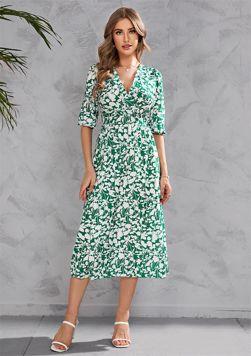 Women Floral Print V-Neck Waist-Up Half Sleeve Dress 107990