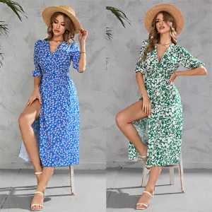 Women Floral Print V-Neck Waist-Up Half Sleeve Dress 107990