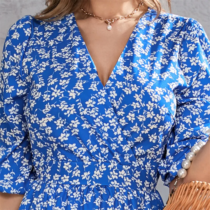 Women Floral Print V-Neck Waist-Up Half Sleeve Dress 107990