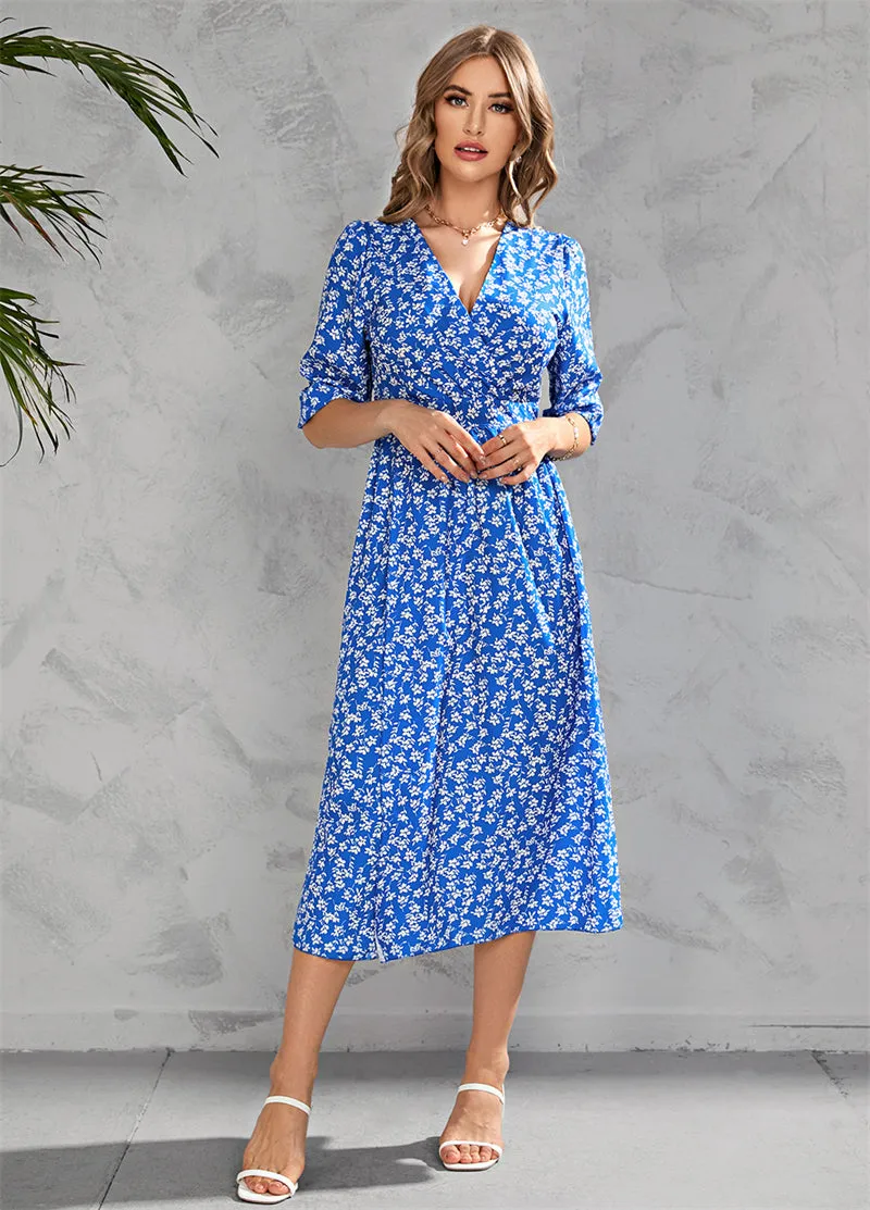 Women Floral Print V-Neck Waist-Up Half Sleeve Dress 107990