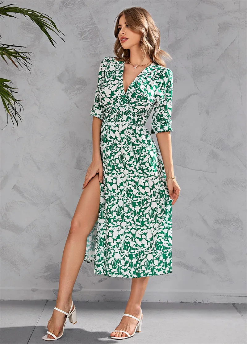 Women Floral Print V-Neck Waist-Up Half Sleeve Dress 107990