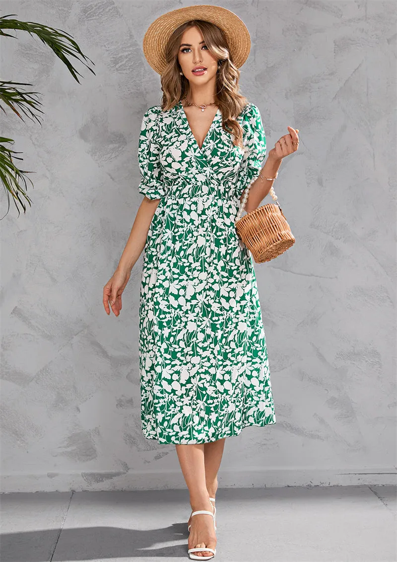 Women Floral Print V-Neck Waist-Up Half Sleeve Dress 107990