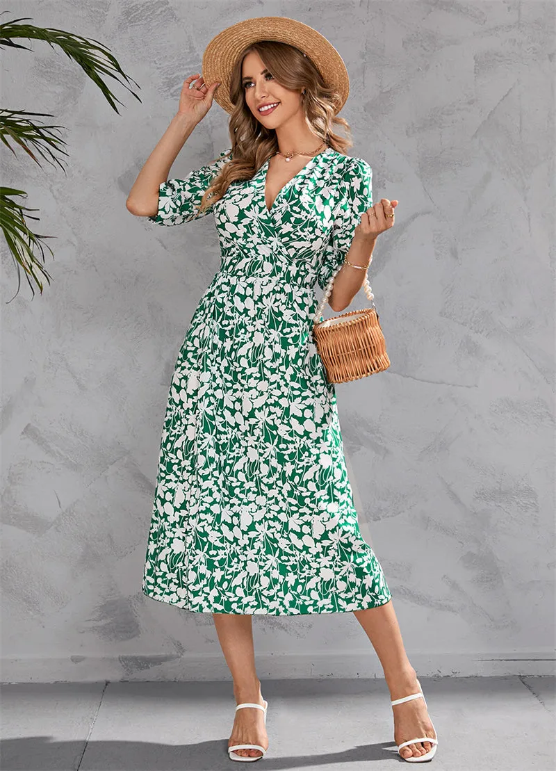 Women Floral Print V-Neck Waist-Up Half Sleeve Dress 107990
