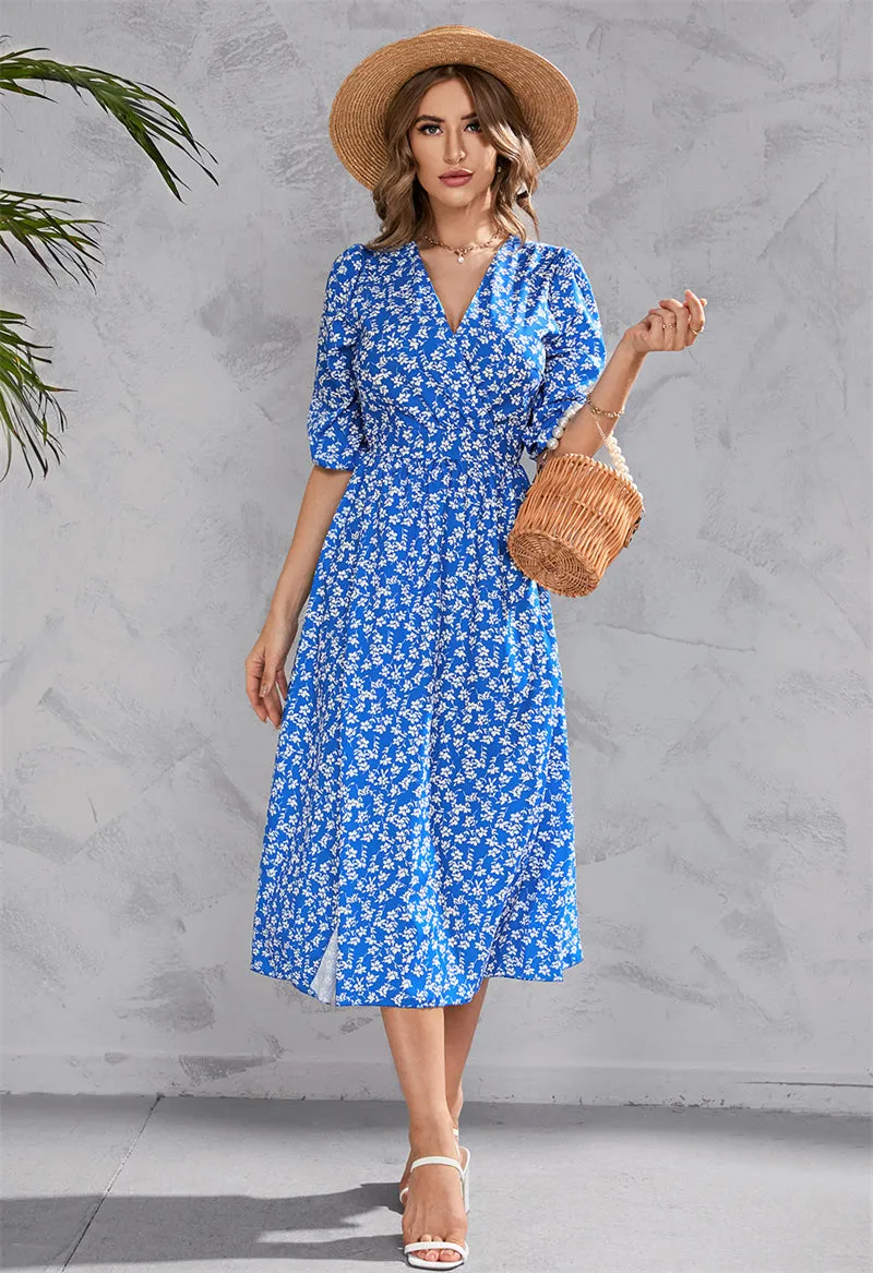 Women Floral Print V-Neck Waist-Up Half Sleeve Dress 107990