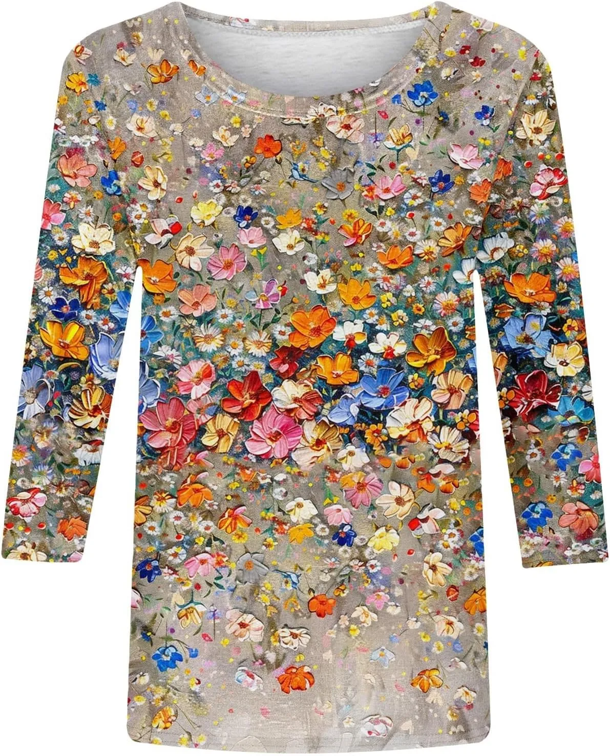 Womens 3/4 Length Sleeve Tops Vintage Elegant Crewneck Floral Printed Summer Tops Lightweight Cozy Loose Fit Blouse