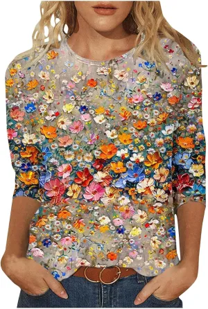 Womens 3/4 Length Sleeve Tops Vintage Elegant Crewneck Floral Printed Summer Tops Lightweight Cozy Loose Fit Blouse