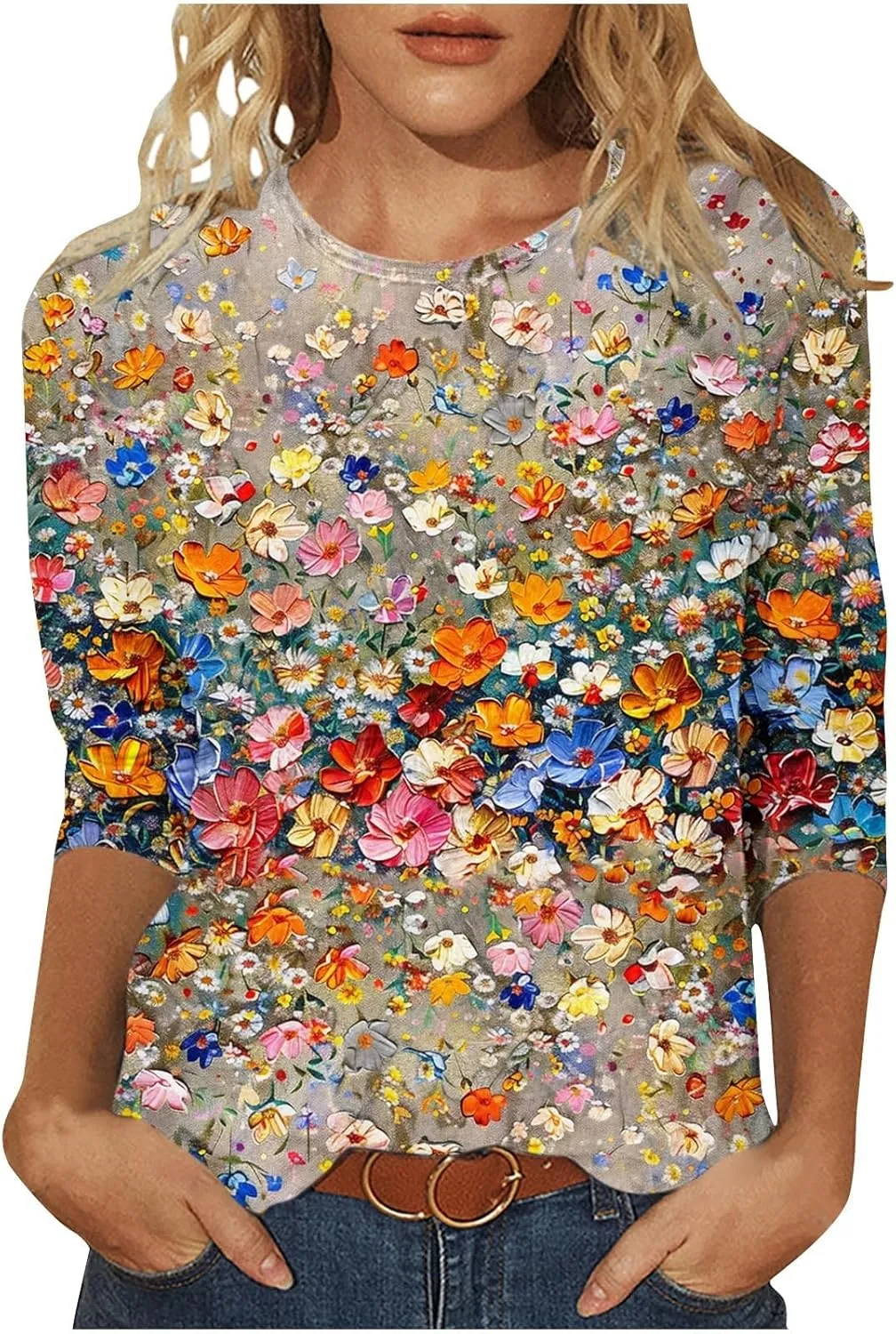 Womens 3/4 Length Sleeve Tops Vintage Elegant Crewneck Floral Printed Summer Tops Lightweight Cozy Loose Fit Blouse