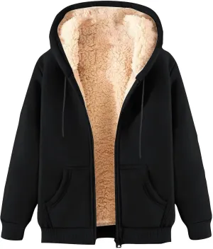 Womens Hoodies Sherpa Lined Fleece Thermal Jacket Full Zip Drawstring Hooded Outwear Winter Warm Casual Thick Coats