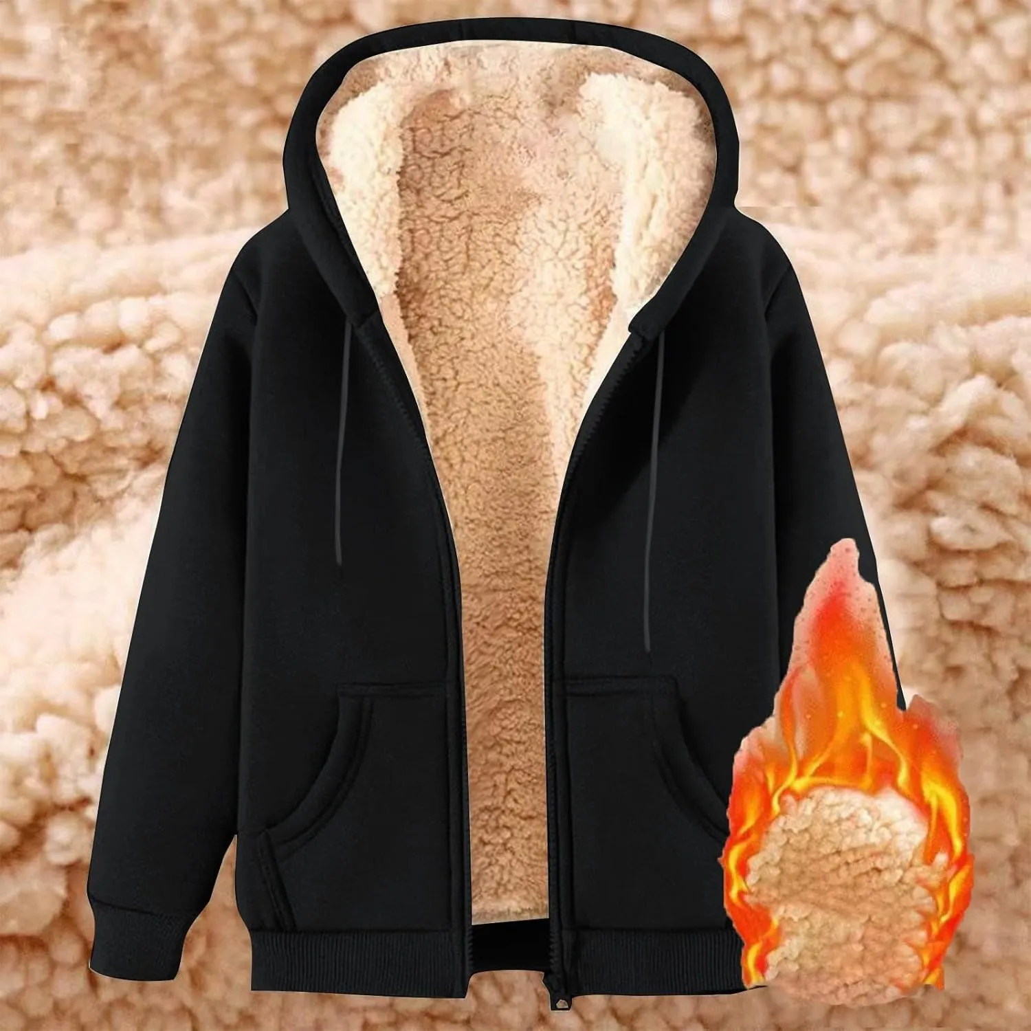 Womens Hoodies Sherpa Lined Fleece Thermal Jacket Full Zip Drawstring Hooded Outwear Winter Warm Casual Thick Coats