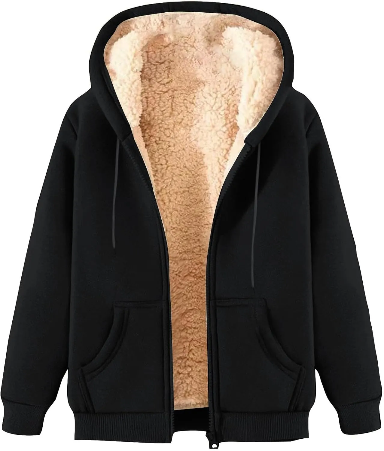 Womens Hoodies Sherpa Lined Fleece Thermal Jacket Full Zip Drawstring Hooded Outwear Winter Warm Casual Thick Coats