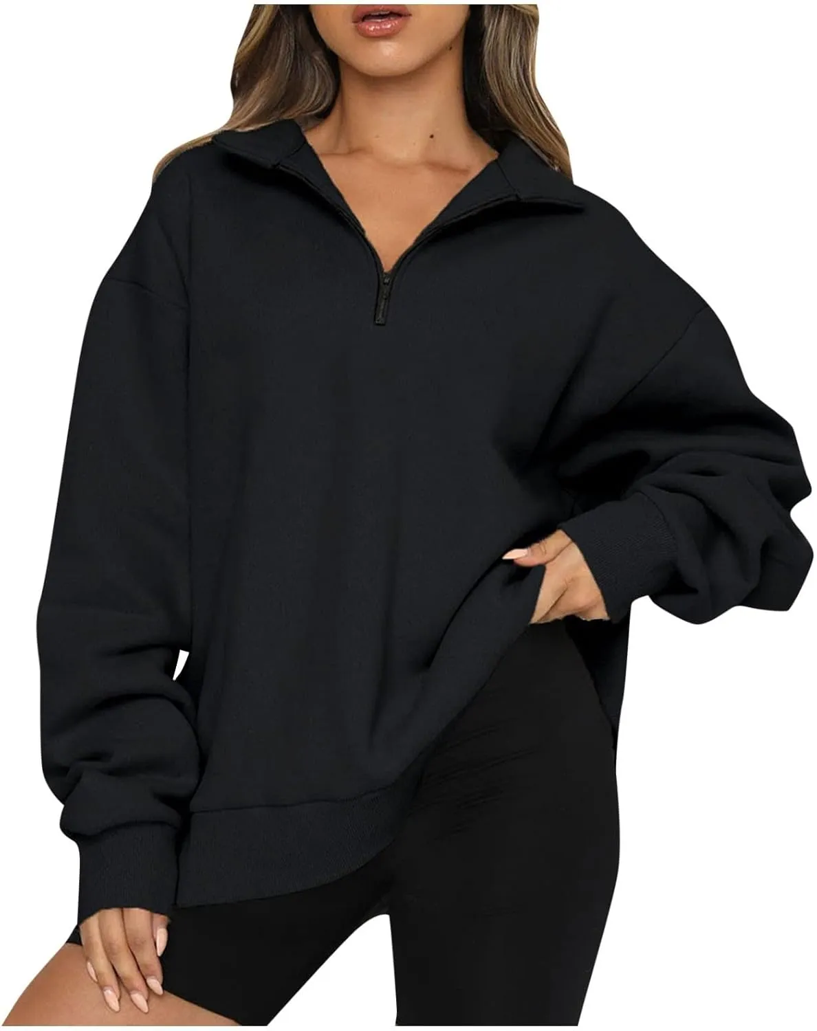 Womens Tops Long Sleeve Half Zip Sweatshirts Solid Color Lapel Pullover Casual Fashion Blouse Trendy Loose Fit Tops