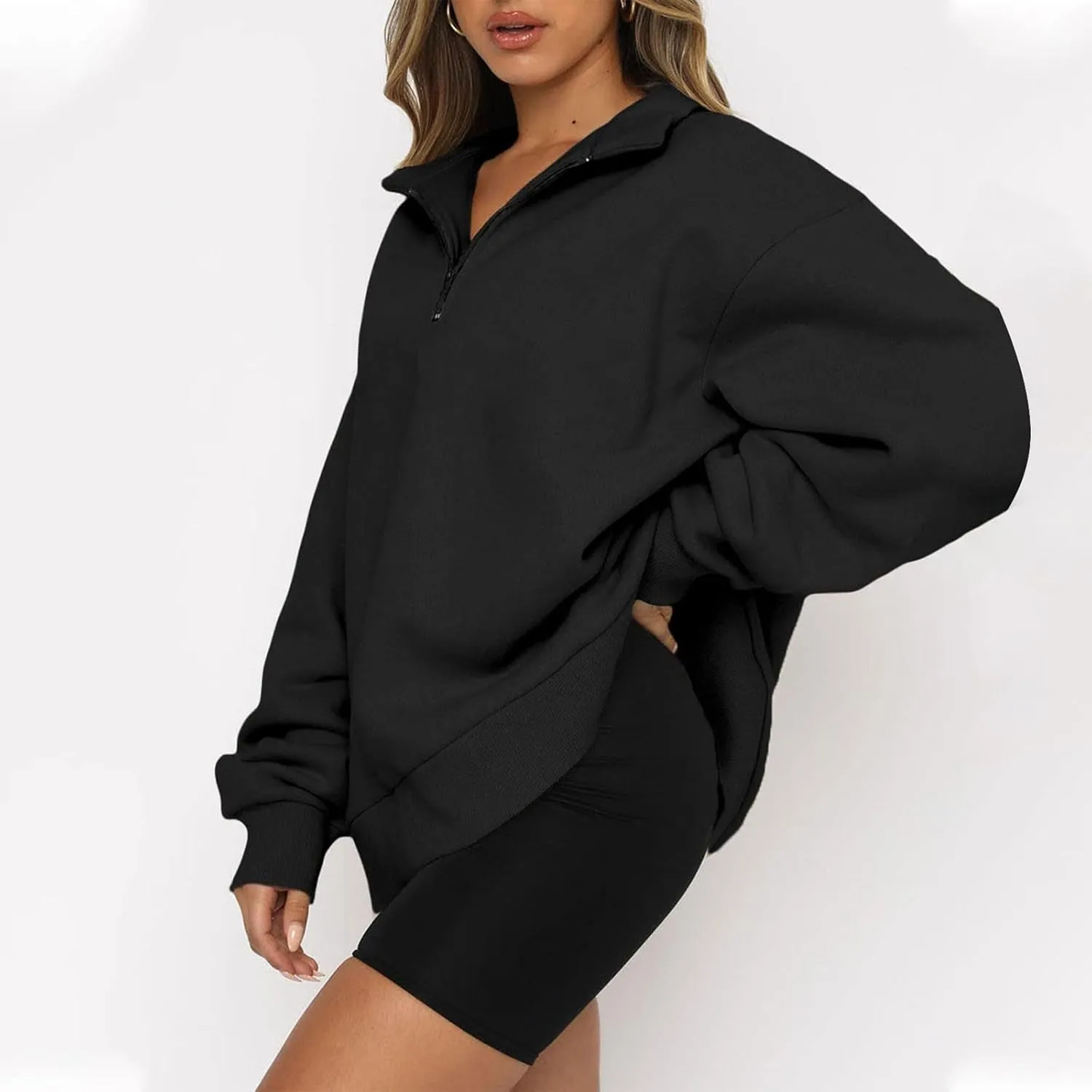 Womens Tops Long Sleeve Half Zip Sweatshirts Solid Color Lapel Pullover Casual Fashion Blouse Trendy Loose Fit Tops
