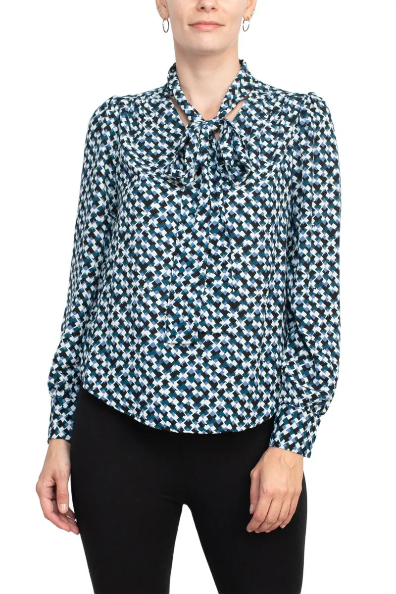 Zac & Rachel tie neck long sleeve multi print crepe chiffon top